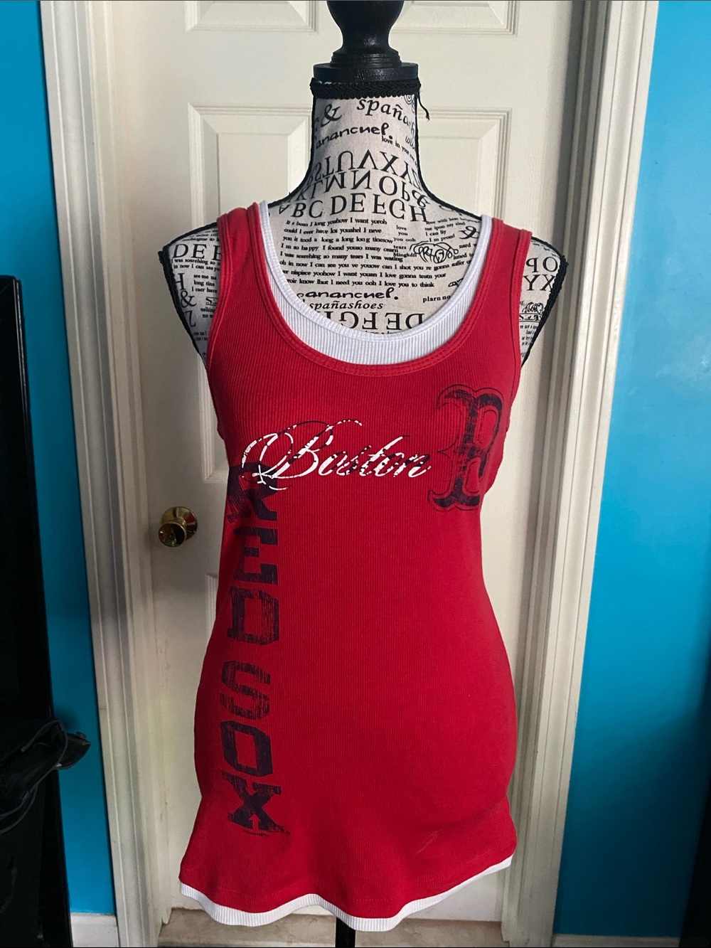 5th & Ocean Red Ribbed Tank with White Trim and Boston Graphic